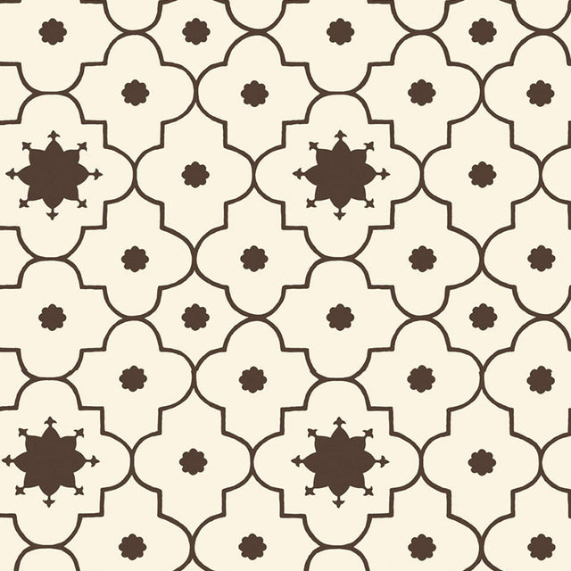 Taj Trellis Sepia wallpaper by Schumacher featuring a geometric trellis pattern in brown and cream tones.