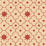 Taj Trellis Pomegranate by Schumacher - geometric trellis wallpaper in red and beige, shown in a styled interior and pattern close-up.