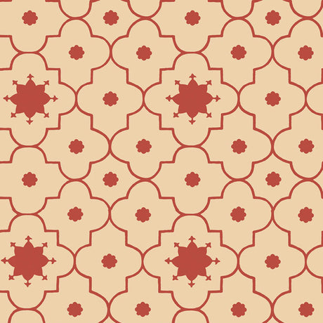 Taj Trellis Pomegranate by Schumacher - geometric trellis wallpaper in red and beige, shown in a styled interior and pattern close-up.