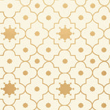 Taj Trellis wallpaper in Burnished Gilt by Schumacher, featuring a Moroccan-inspired geometric trellis pattern in gold on a cream background.