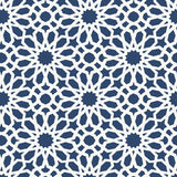 Agadir Screen wallpaper in Lapis by Schumacher, featuring a geometric floral pattern in blue and white, designed by Martyn Lawrence Bullard.