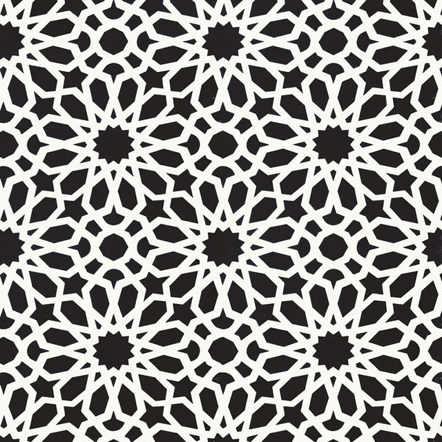 Agadir Screen Noir geometric floral wallpaper by Schumacher, designed by Martyn Lawrence Bullard, shown in a modern interior.