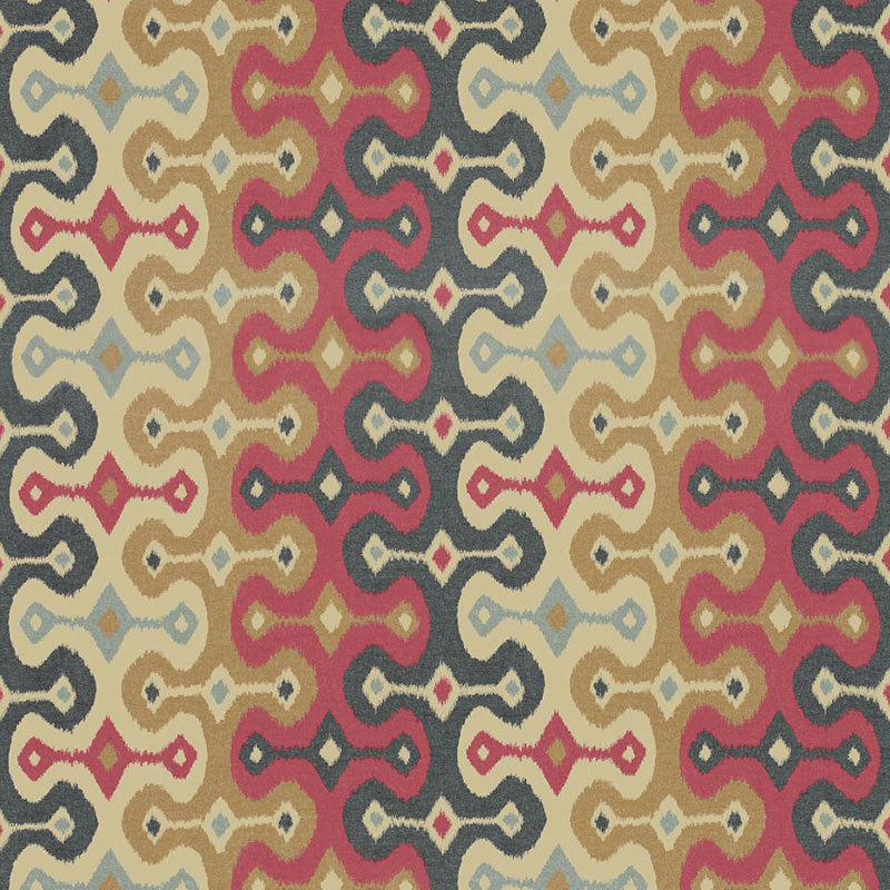 Darya Ikat Sidewall wallpaper in Spice by Schumacher, designed by Martyn Lawrence Bullard, shown in a stylish interior and pattern close-up.