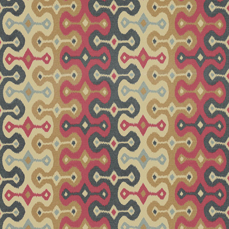 Darya Ikat Sidewall wallpaper in Spice by Schumacher, designed by Martyn Lawrence Bullard, shown in a stylish interior and pattern close-up.