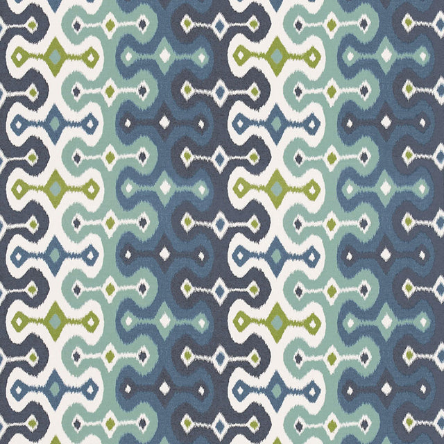 Darya Ikat Sidewall wallpaper in Sky by Schumacher, designed by Martyn Lawrence Bullard. Blue, green, and white ikat pattern wallcovering in a modern interior setting.