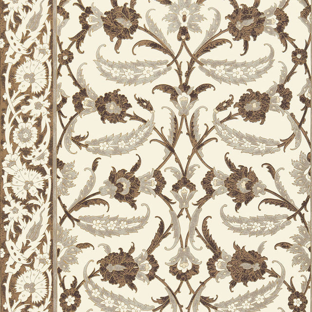 Topkapi Sepia wallpaper by Schumacher featuring an Ottoman-inspired floral pattern in sepia tones.