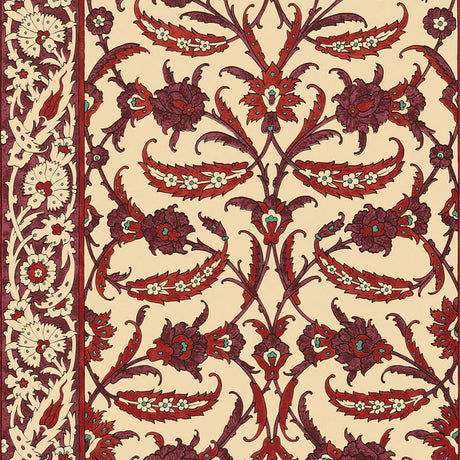 Topkapi Pomegranate wallpaper by Schumacher featuring an Ottoman-inspired floral and vine pattern in rich reds and creams, shown in a restaurant interior and close-up.