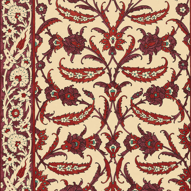 Topkapi Pomegranate wallpaper by Schumacher featuring an Ottoman-inspired floral and vine pattern in rich reds and creams, shown in a restaurant interior and close-up.