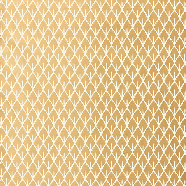 Mughal Leaf wallpaper in Burnished Gilt by Schumacher, designed by Martyn Lawrence Bullard. Tightly patterned leaf print in gold and cream.