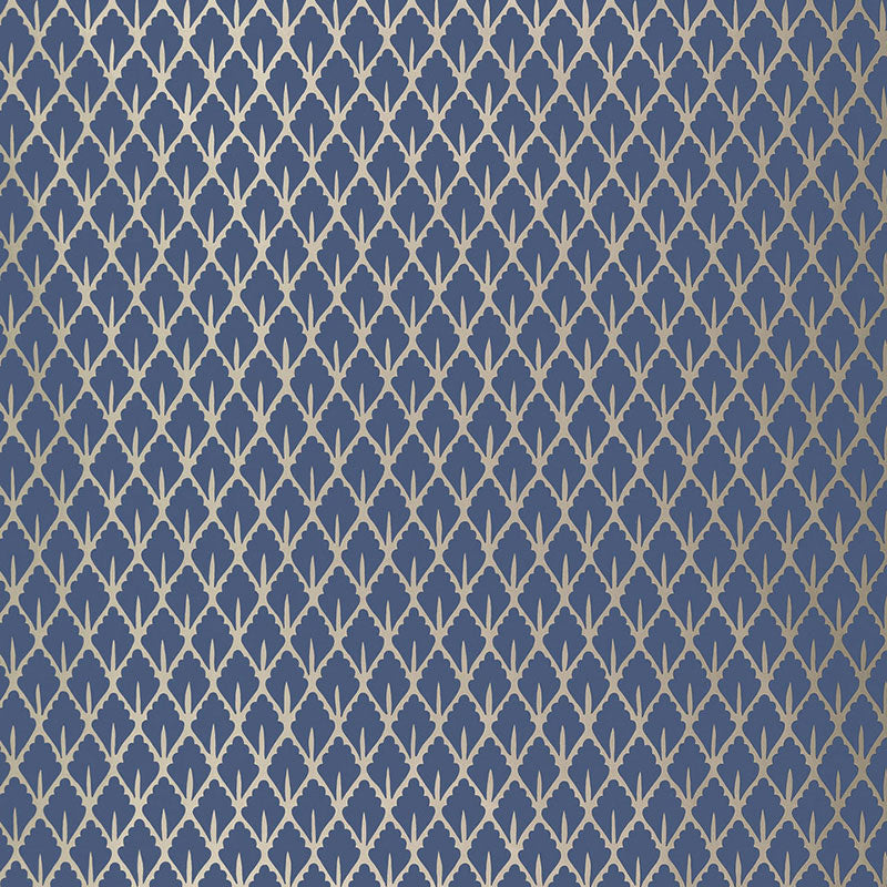Mughal Leaf Imperial wallpaper by Schumacher, designed by Martyn Lawrence Bullard. Blue and metallic leaf pattern.