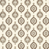 Samovar Sepia wallpaper by Schumacher featuring a traditional damask pattern in a sepia colorway, styled in an elegant interior.