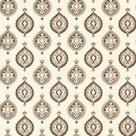 Samovar Sepia wallpaper by Schumacher featuring a traditional damask pattern in a sepia colorway, styled in an elegant interior.