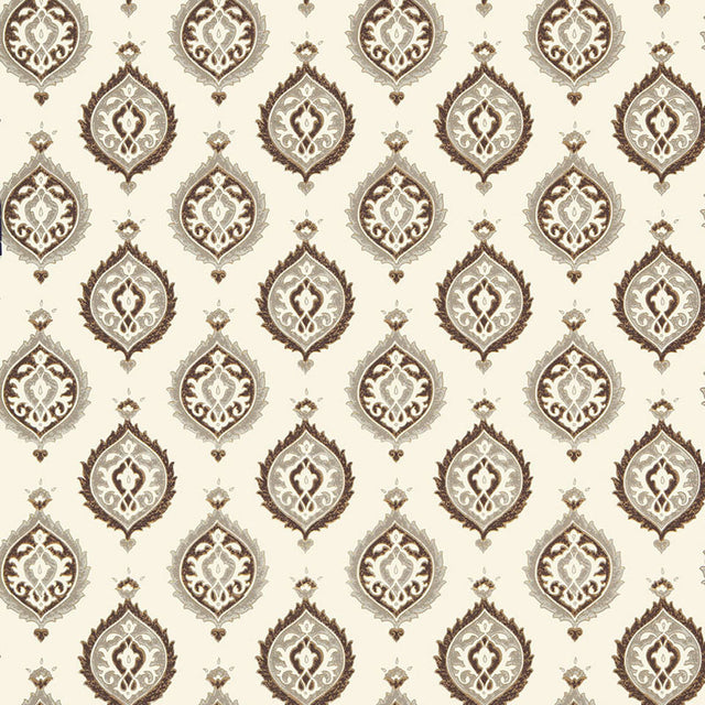 Samovar Sepia wallpaper by Schumacher featuring a traditional damask pattern in a sepia colorway, styled in an elegant interior.