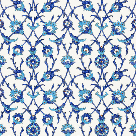 SULTAN'S TRELLIS wallpaper in Peacock blue by Schumacher, featuring an intricate Ottoman-inspired trellis floral pattern.