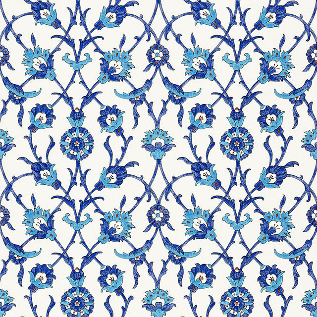 SULTAN'S TRELLIS wallpaper in Peacock blue by Schumacher, featuring an intricate Ottoman-inspired trellis floral pattern.