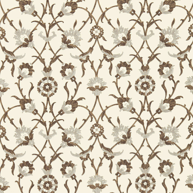 SULTAN'S TRELLIS Sepia wallpaper by Schumacher, Ottoman Chic Collection, floral trellis pattern in brown and cream tones.