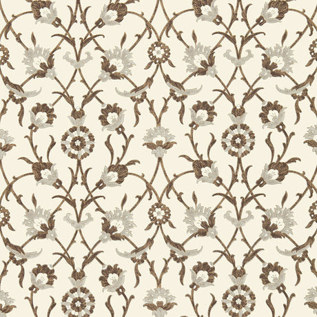 SULTAN'S TRELLIS Sepia wallpaper by Schumacher, Ottoman Chic Collection, floral trellis pattern in brown and cream tones.