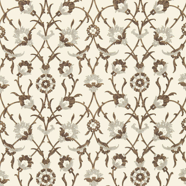 SULTAN'S TRELLIS Sepia wallpaper by Schumacher, Ottoman Chic Collection, floral trellis pattern in brown and cream tones.