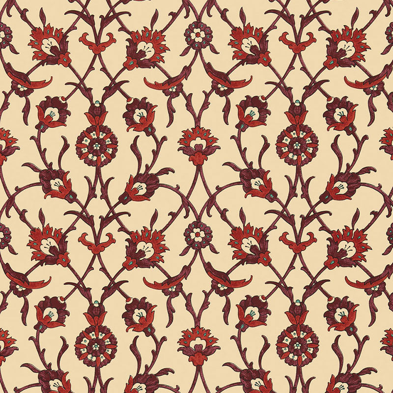 SULTAN'S TRELLIS wallpaper in POMEGRANATE by Schumacher, featuring an Ottoman-inspired trellis floral pattern in rich red and cream tones.