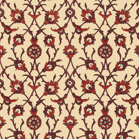 SULTAN'S TRELLIS wallpaper in POMEGRANATE by Schumacher, featuring an Ottoman-inspired trellis floral pattern in rich red and cream tones.