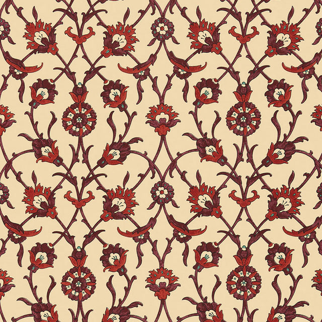 SULTAN'S TRELLIS wallpaper in POMEGRANATE by Schumacher, featuring an Ottoman-inspired trellis floral pattern in rich red and cream tones.
