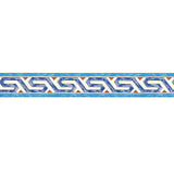 Bosphorus Border in Peacock by Schumacher, a hand-printed decorative border with a geometric motif in blue, white, and orange.