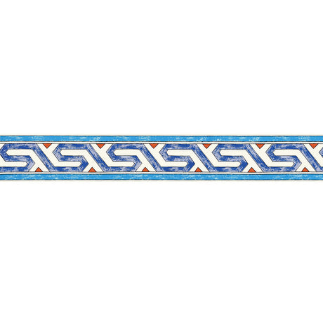 Bosphorus Border in Peacock by Schumacher, a hand-printed decorative border with a geometric motif in blue, white, and orange.