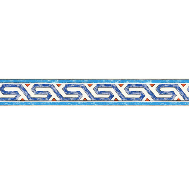 Bosphorus Border in Peacock by Schumacher, a hand-printed decorative border with a geometric motif in blue, white, and orange.