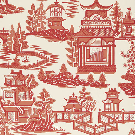 NANJING wallpaper in coral colorway featuring chinoiserie pagodas and landscape motifs by Schumacher.