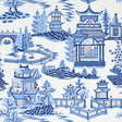 NANJING Porcelain by Schumacher - Chinoiserie scenic wallpaper in blue and white with pagodas and landscape motifs
