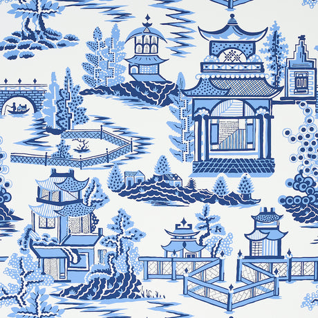 NANJING Porcelain by Schumacher - Chinoiserie scenic wallpaper in blue and white with pagodas and landscape motifs