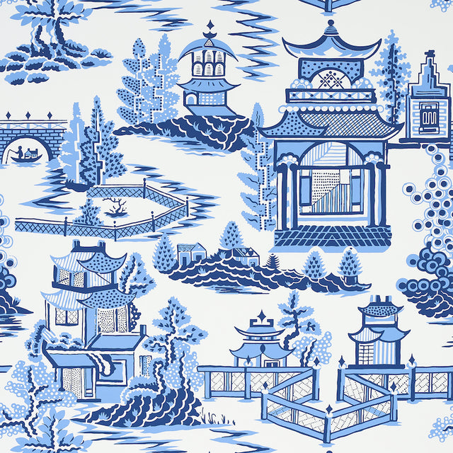 NANJING Porcelain by Schumacher - Chinoiserie scenic wallpaper in blue and white with pagodas and landscape motifs