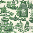 NANJING Jade wallpaper by Schumacher featuring a green and white chinoiserie pagoda and landscape pattern.