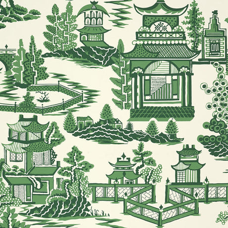 NANJING Jade wallpaper by Schumacher featuring a green and white chinoiserie pagoda and landscape pattern.