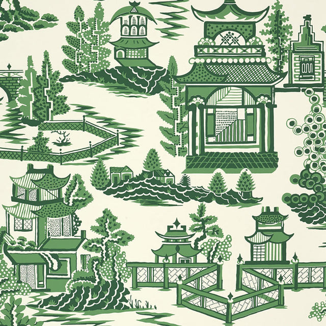 NANJING Jade wallpaper by Schumacher featuring a green and white chinoiserie pagoda and landscape pattern.