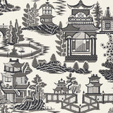 NANJING Smoke by Schumacher - Chinoiserie scenic wallpaper in smoke gray and white, pagoda and landscape pattern.