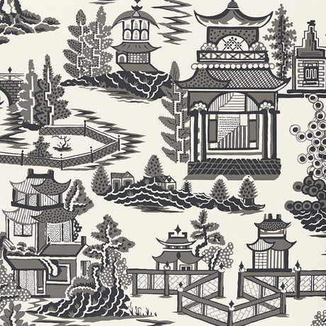 NANJING Smoke by Schumacher - Chinoiserie scenic wallpaper in smoke gray and white, pagoda and landscape pattern.