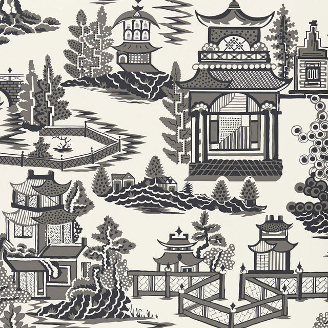 NANJING Smoke by Schumacher - Chinoiserie scenic wallpaper in smoke gray and white, pagoda and landscape pattern.