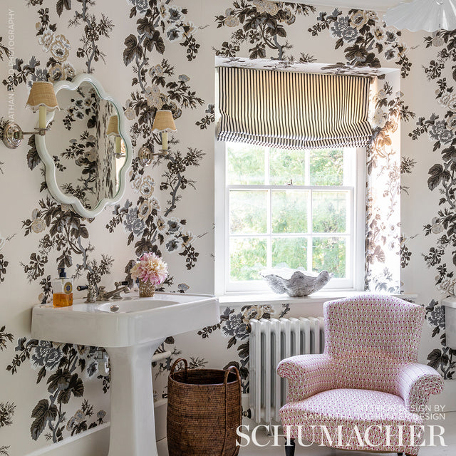 Pyne Hollyhock Charcoal by Schumacher Hand-Screened Floral Chintz Wallpaper – Schumacher 5006920