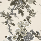 Charcoal floral chintz wallpaper with hand-screened botanical design by Schumacher, shown in elegant interior settings.