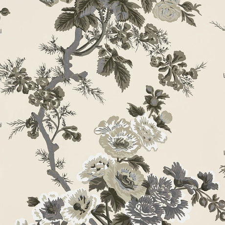 Charcoal floral chintz wallpaper with hand-screened botanical design by Schumacher, shown in elegant interior settings.