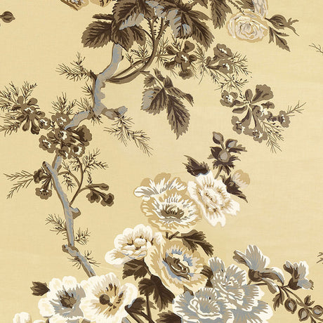 Pyne Hollyhock Tobacco floral wallpaper by Schumacher, featuring a classic chintz pattern with large-scale flowers and branches in neutral tones.