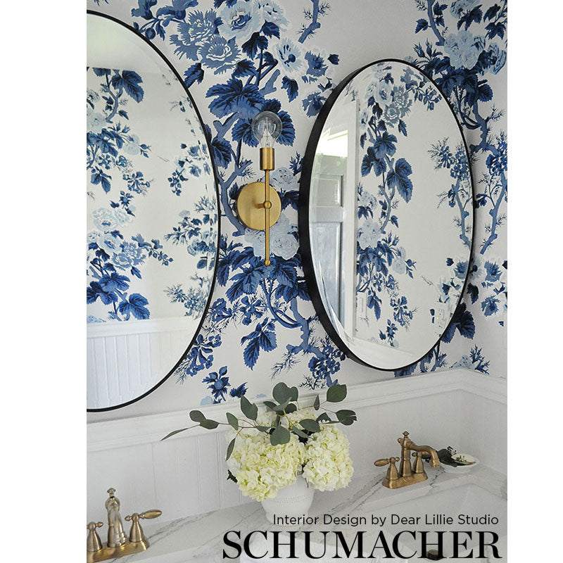 Pyne Hollyhock Indigo by Schumacher Hand-Screened Floral Chintz Wallpaper – Schumacher 5006922