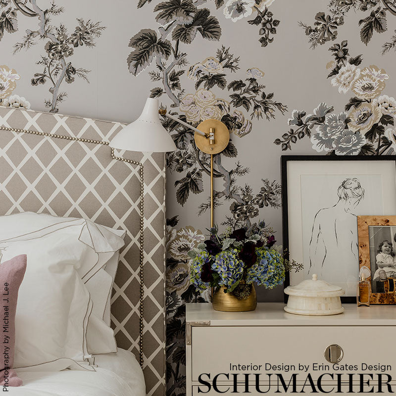 Pyne Hollyhock Grisaille by Schumacher Iconic Hand-Screened Floral Wallpaper – Schumacher 5006923
