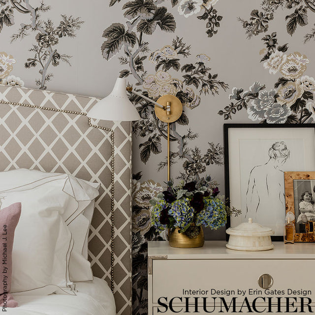 Pyne Hollyhock Grisaille by Schumacher Iconic Hand-Screened Floral Wallpaper – Schumacher 5006923