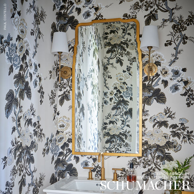 Pyne Hollyhock Grisaille by Schumacher Iconic Hand-Screened Floral Wallpaper – Schumacher 5006923