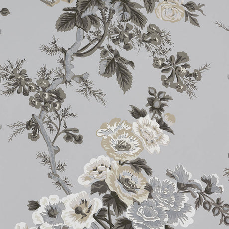 Pyne Hollyhock Grisaille floral wallpaper by Schumacher, featuring a hand-screened chintz pattern in neutral tones.