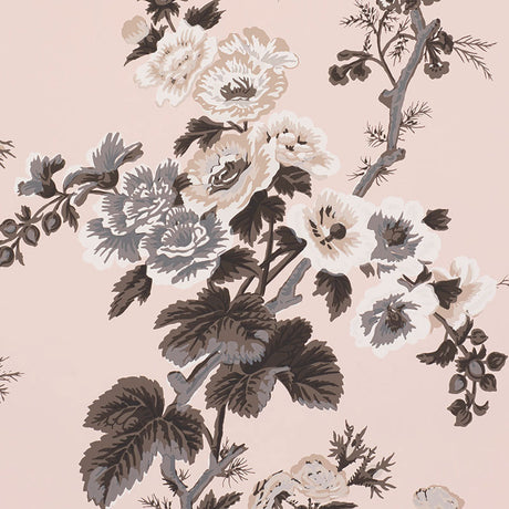 Pyne Hollyhock Blush floral wallpaper by Schumacher, featuring hand-screened chintz pattern with large hollyhock flowers on a blush pink background.