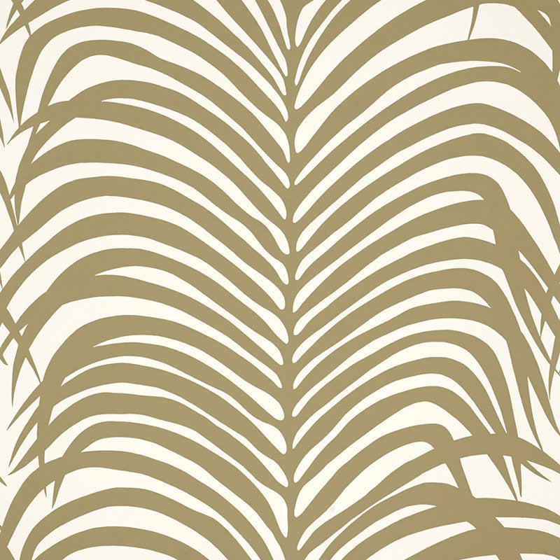 Zebra Palm Khaki wallpaper by Schumacher featuring a bold palm leaf pattern in khaki and white.