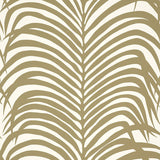 Zebra Palm Khaki wallpaper by Schumacher featuring a bold palm leaf pattern in khaki and white.
